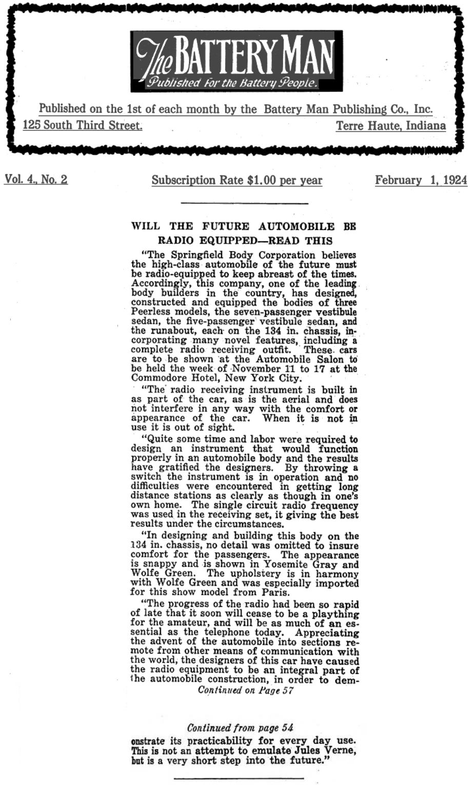 Vintage Article: "Getting Radio On The Road" (And Which Automakers Were Really First To Offer Car Radio?) 7 The Battery Man, February 1, 1924, clipping headlined "Will the Future Automobile Be Radio Equipped—Read This"
