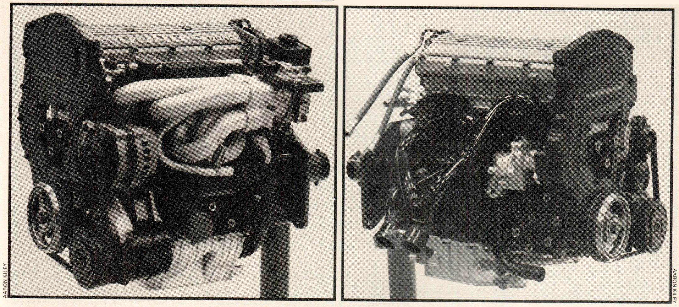 1988 Oldsmobile Cutlass Calais With Quad 4 And Rare 5-Speed: "A Heady Blend of High Revs and Haut Velour" 7 B&W Aaron Kiley photos of a Quad 4 engine on a test stand from two angles