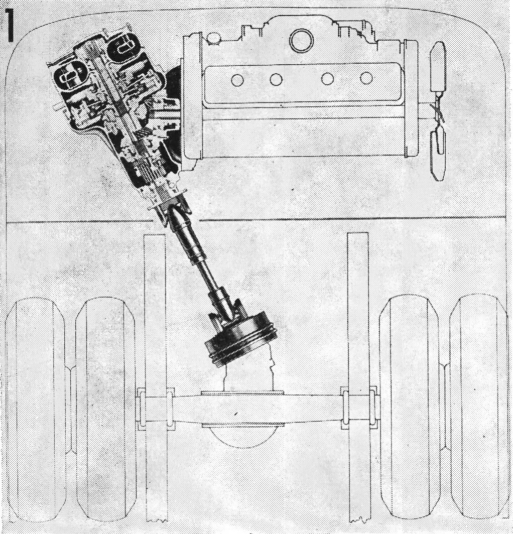 The World's First Successful Torque Converter Automatic Transmission Was In A Bus: The 1938-1948 Yellow Coach/GMC Spicer Hydraulic Transmission 37 B&W illustration of V-drive transmission, shown in plan view