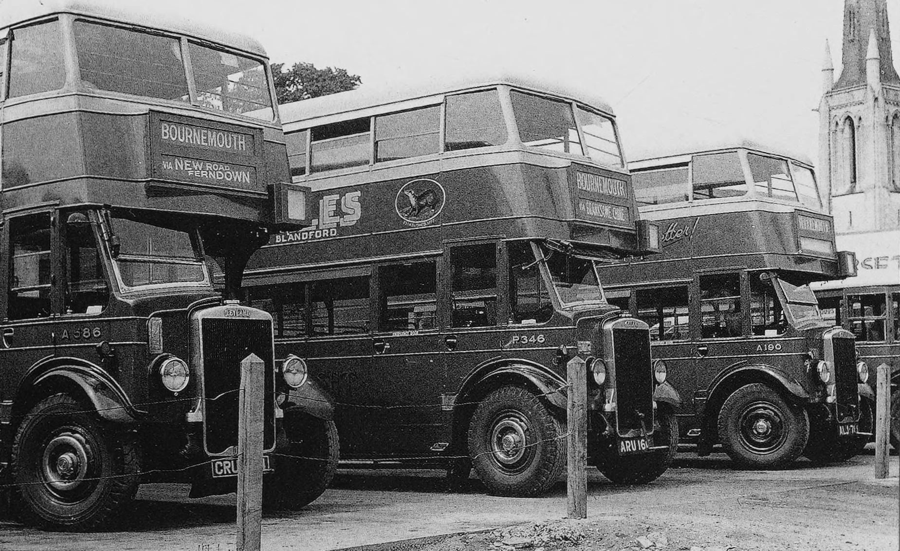 The World's First Successful Torque Converter Automatic Transmission Was In A Bus: The 1938-1948 Yellow Coach/GMC Spicer Hydraulic Transmission 6 B&W photo of three Brush-bodied double-decker buses
