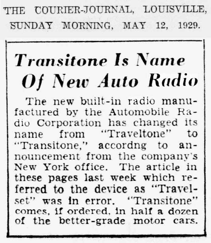 Vintage Article: "Getting Radio On The Road" (And Which Automakers Were Really First To Offer Car Radio?) 10 Clipping from the Louisville Courier-Journal, Sunday, May 12, 1929, headlined "Transitone Is Name of New Auto Radio"