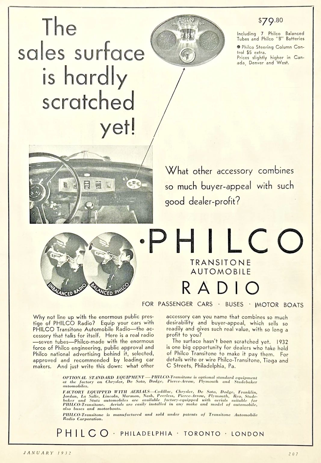 Vintage Article: "Getting Radio On The Road" (And Which Automakers Were Really First To Offer Car Radio?) 16 January 1932 ad for Philco Transitone car radios, with the headline "The sales surface is hardly scratched yet!" and a price of $79.80