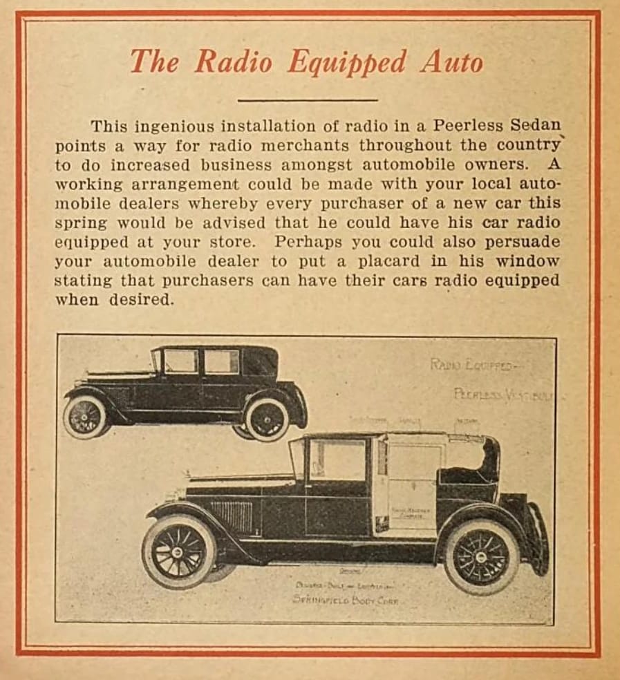 Vintage Article: "Getting Radio On The Road" (And Which Automakers Were Really First To Offer Car Radio?) 6 Radio Merchandising, March 1924, excerpt showing illustrations of two Peerless sedans with the headline "The Radio Equipped Auto"