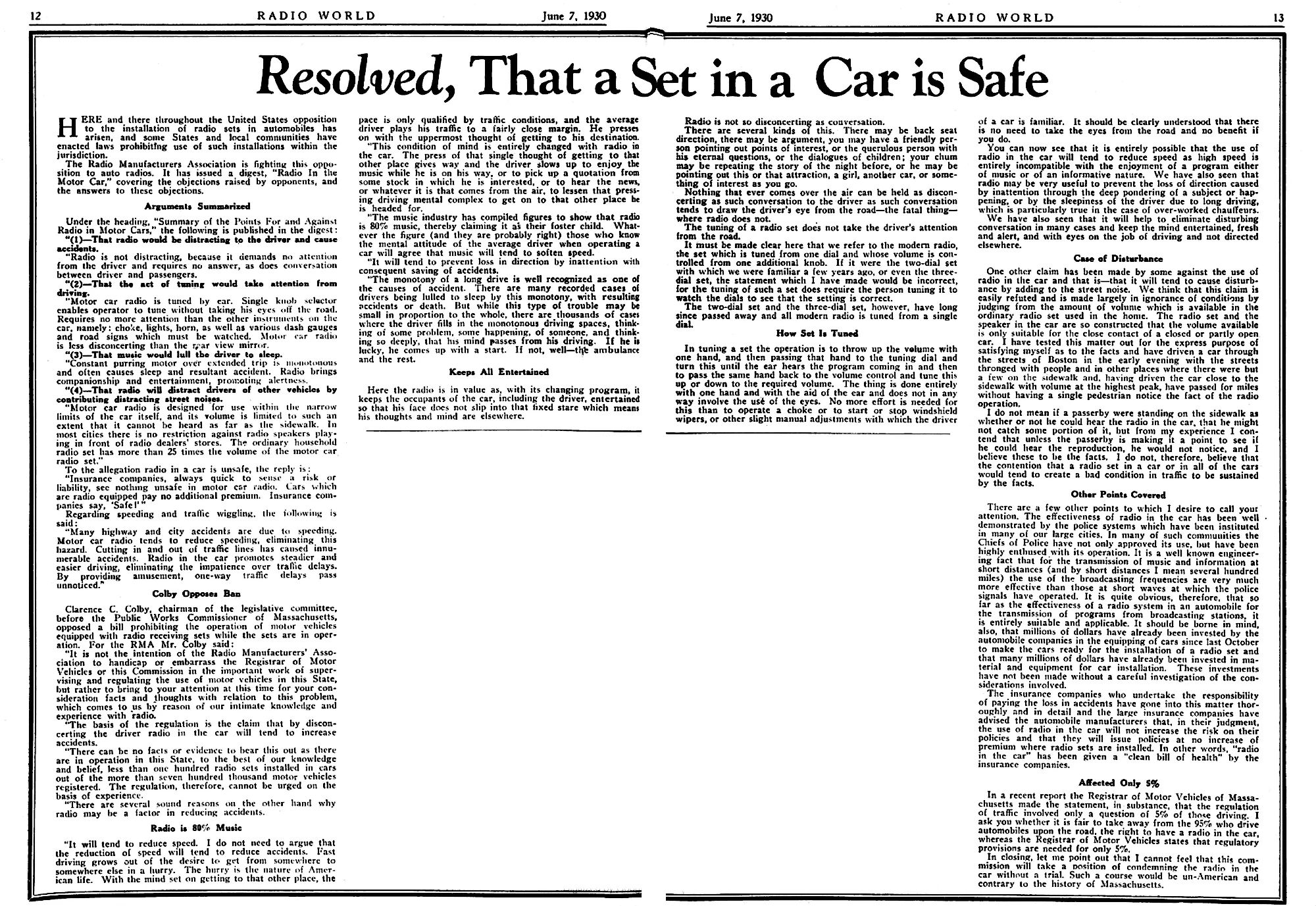 Vintage Article: "Getting Radio On The Road" (And Which Automakers Were Really First To Offer Car Radio?) 4 Radio World, June 7, 1930, pages 12-13, two-page spread headlined "Resolved, That a Set in a Car is Safe"