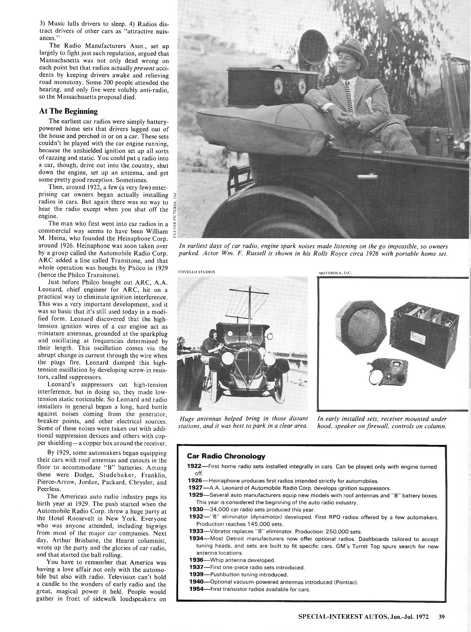 Vintage Article: "Getting Radio On The Road" (And Which Automakers Were Really First To Offer Car Radio?) 5 SIA 11 page 39, second page of "Getting Radio on the Road," with a B&W photo of actor William F. Russell in the back of a Rolls-Royce listening to a large home radio set. Below it are photos of a large car antenna and an early Motorola car radio