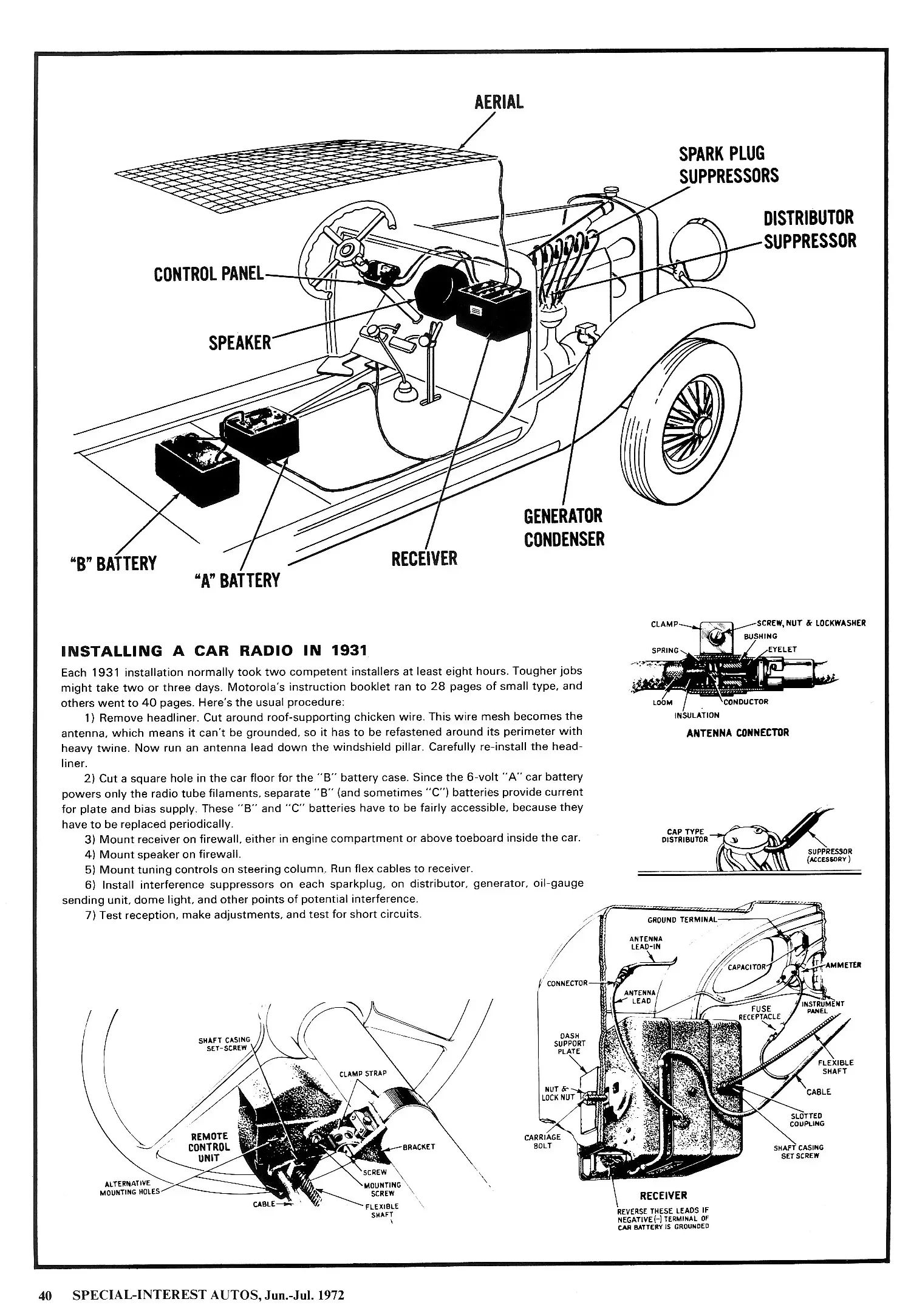 Vintage Article: "Getting Radio On The Road" (And Which Automakers Were Really First To Offer Car Radio?) 14 SIA 11, page 40, illustrated installation instructions for a car radio, circa 1931
