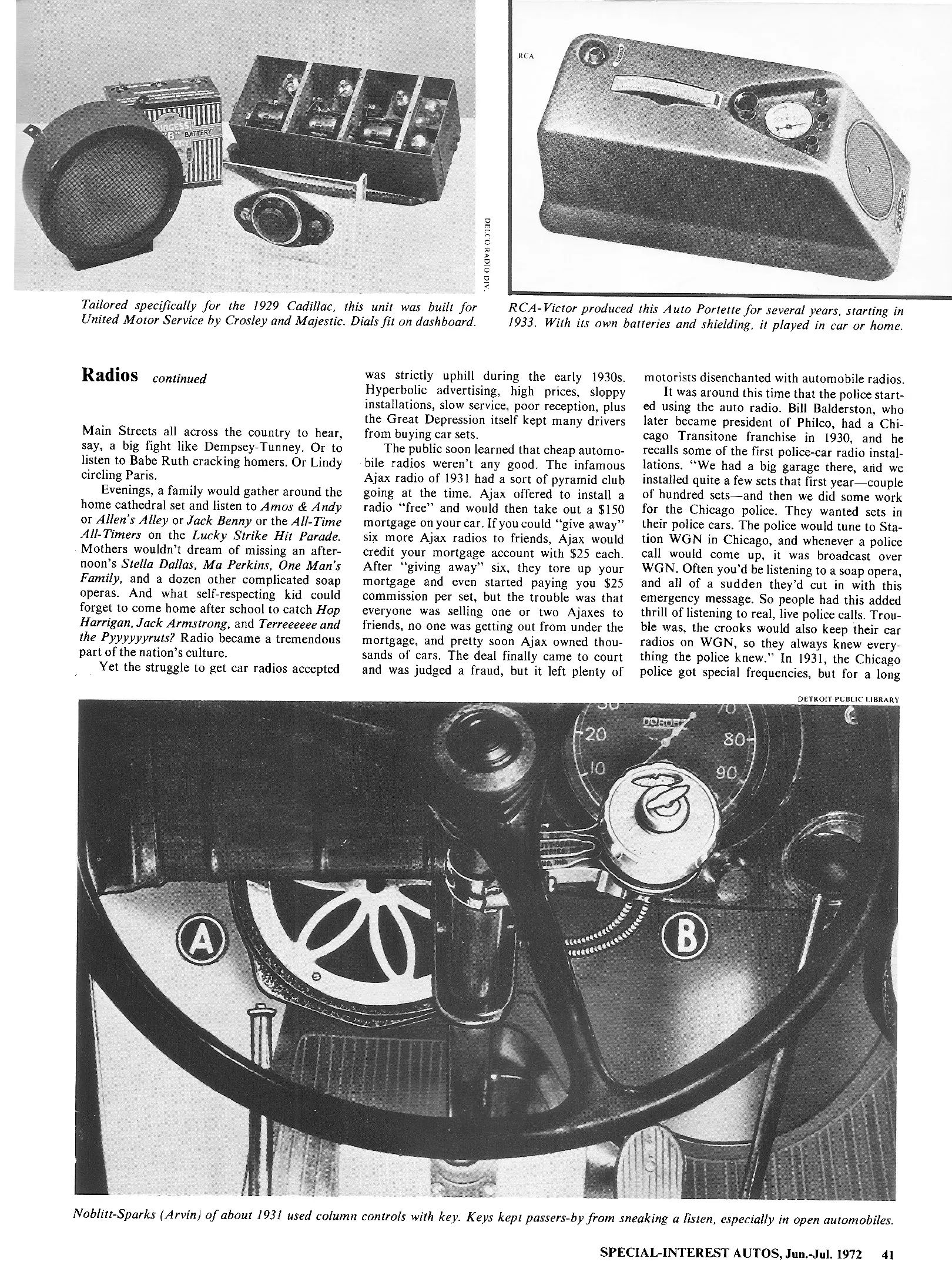 Vintage Article: "Getting Radio On The Road" (And Which Automakers Were Really First To Offer Car Radio?) 15 SIA 11, page 41, with photos of early Crosley and RCA-Victor radios and an Arvin/Noblitt-Sparks radio above and below the main text