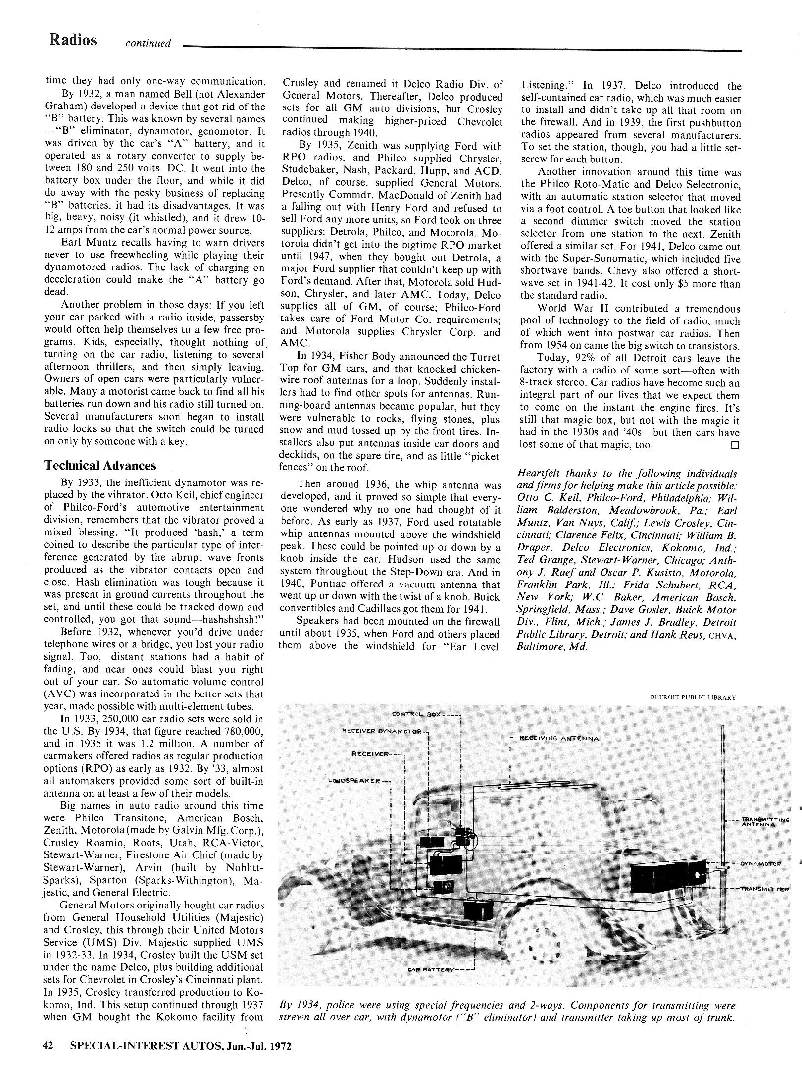 Vintage Article: "Getting Radio On The Road" (And Which Automakers Were Really First To Offer Car Radio?) 17 SIA 11, page 42, final text page of "Getting Radio on the Road," with a diagram below the text of a police radio car