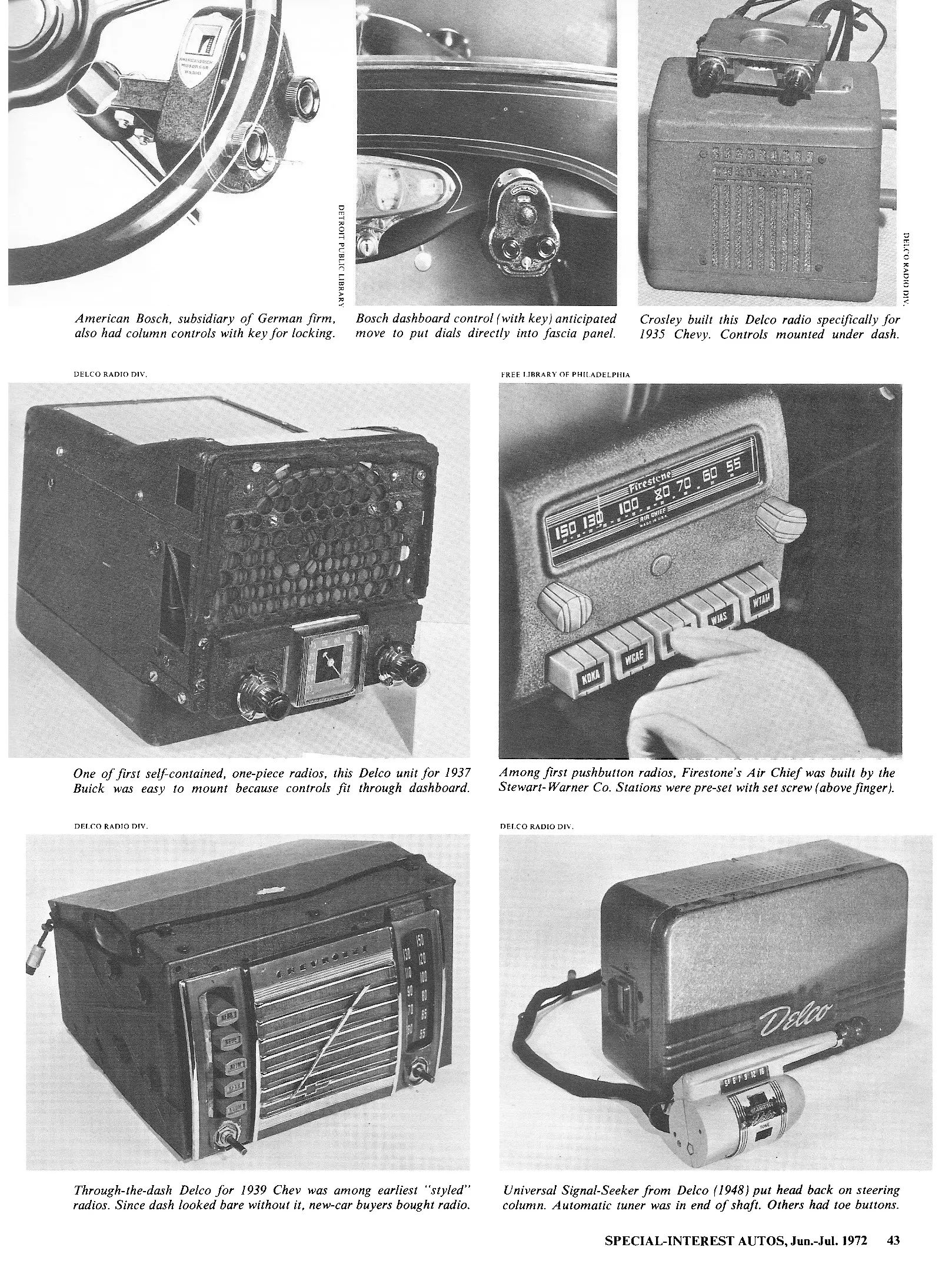Vintage Article: "Getting Radio On The Road" (And Which Automakers Were Really First To Offer Car Radio?) 33 SIA 11, page 43, seven B&W photos of old car radios from American Bosch, Crosley-Delco, Buick, Firestone, Chevrolet, and Delco