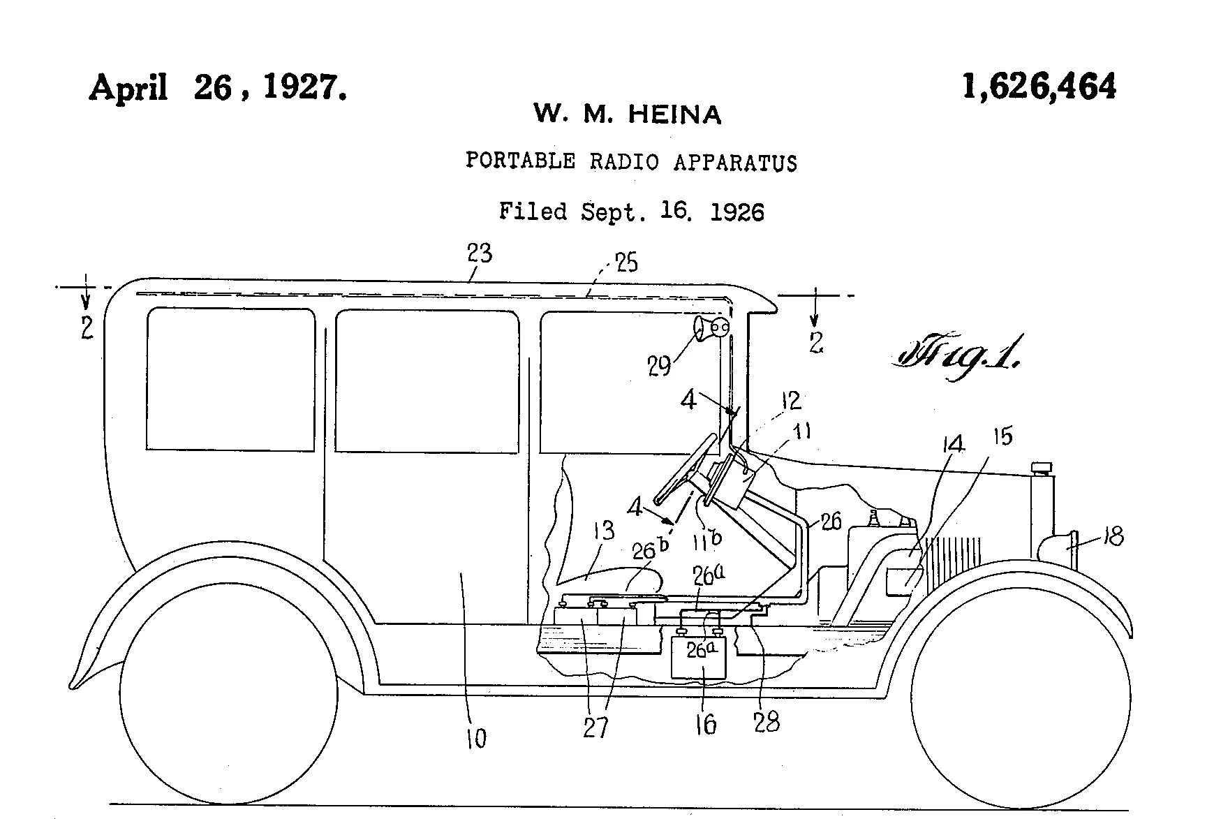 Vintage Article: "Getting Radio On The Road" (And Which Automakers Were Really First To Offer Car Radio?) 8 Patent illustration for U.S. 1,626,464, W.M. Heina, showing a cutaway illustration of a car with a radio installation