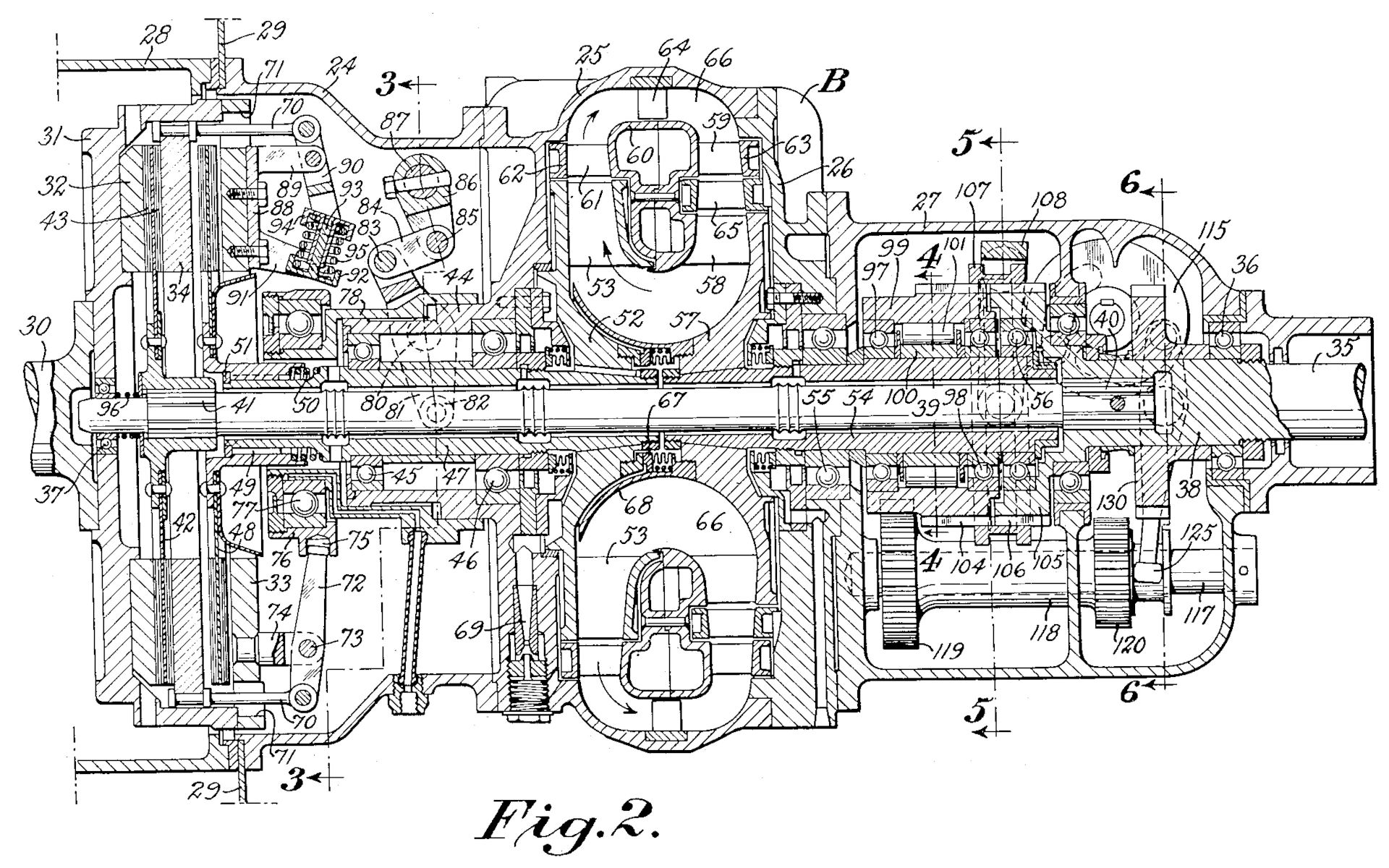 The World's First Successful Torque Converter Automatic Transmission Was In A Bus: The 1938-1948 Yellow Coach/GMC Spicer Hydraulic Transmission 2 Patent illustration showing a cross-section of a hydraulic transmission