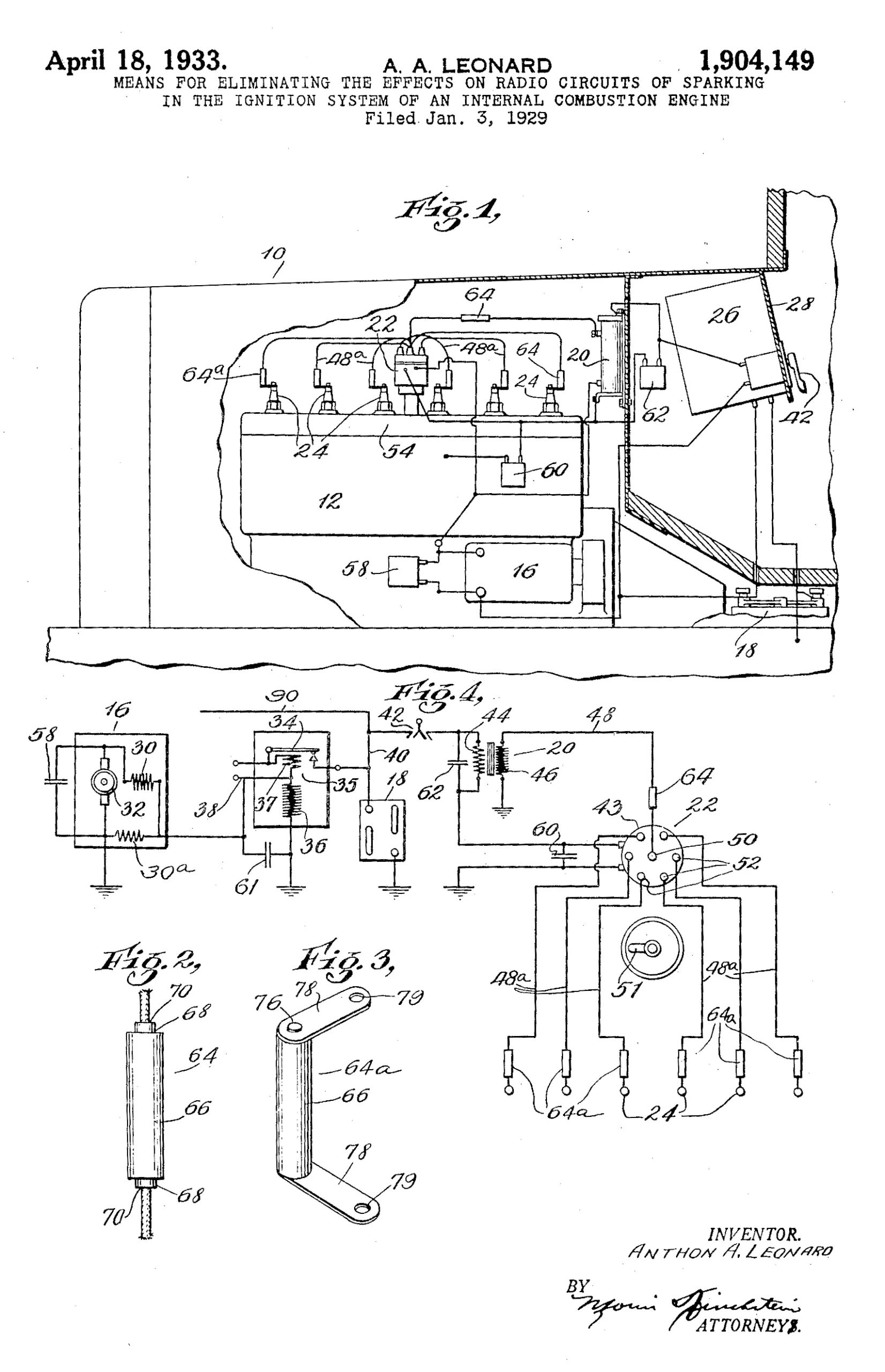 Vintage Article: "Getting Radio On The Road" (And Which Automakers Were Really First To Offer Car Radio?) 11 Patent illustrations for U.S. 1,904,149, A.A. Leonard, for a "means for eliminating the effects on radio circuits of sparking in the ignition system of an internal combustion engine"