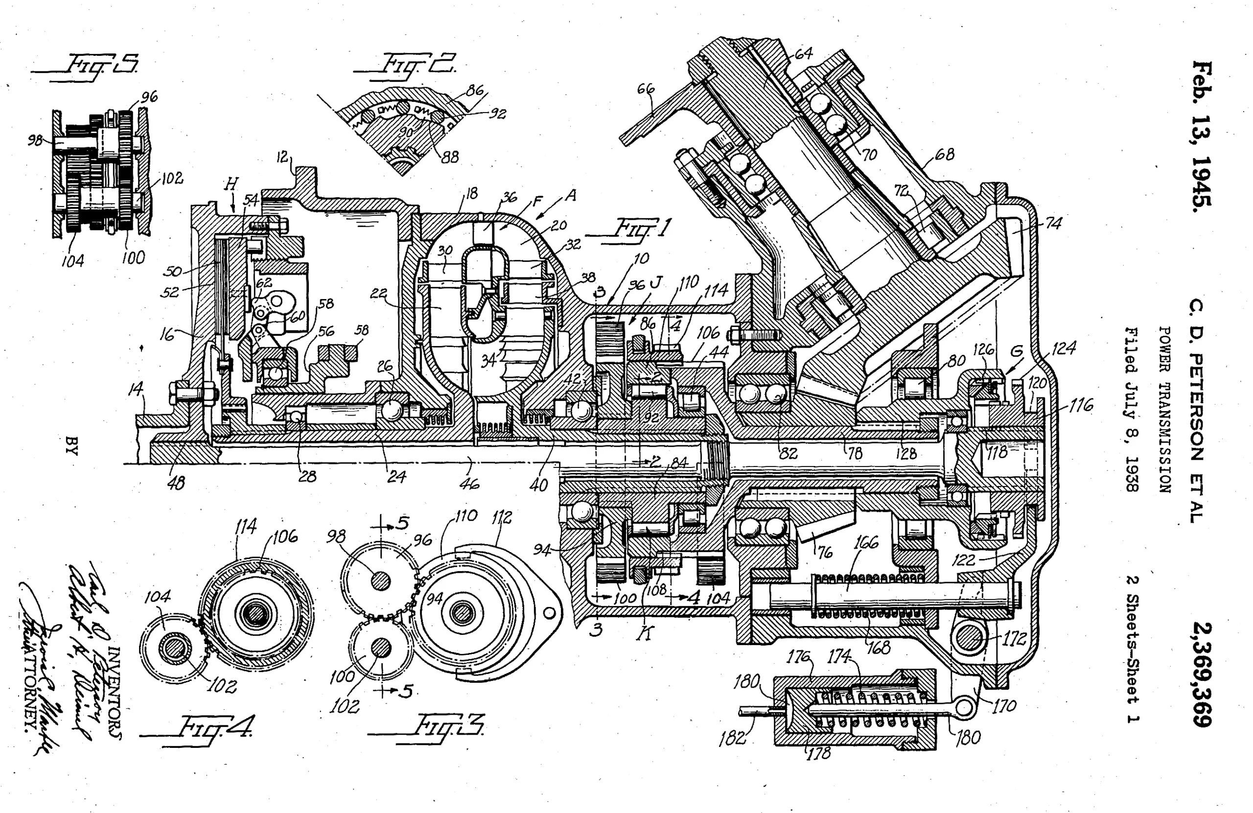 The World's First Successful Torque Converter Automatic Transmission Was In A Bus: The 1938-1948 Yellow Coach/GMC Spicer Hydraulic Transmission 8 Patent illustrations Figs. 1 through 5 of the Spicer hydraulic drive