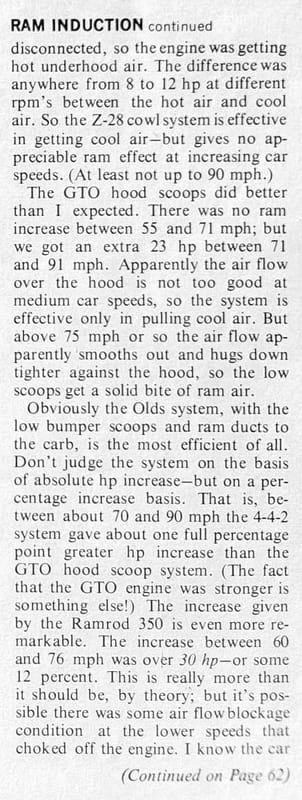 Pontiac Ram Air II, Oldsmobile Force-Air Induction, Chevrolet Cowl Induction – Did These Ram Induction Systems Actually Increase Power? 13 Hi-Performance Cars, December 1968, page 60, continuing the text of the ram induction story with no images