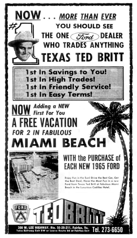 "Win A Steer!" -- The Ridiculous Ted Britt Ford Ads Of The 1960s 10 1965 Ted Britt Ford Vacation ad