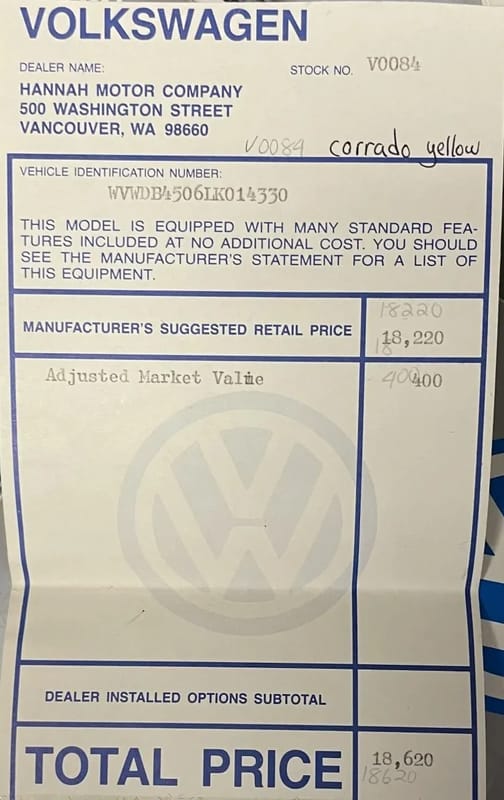 Dealer option sticker for a 1990 Volkswagen Corrado from Hannah Motor Company in Vancouver, Washington, showing an "adjusted market value" addition of $400 above sticker