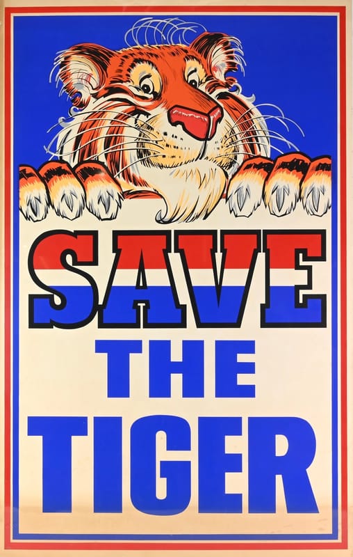 Red-white-and-blue poster of the Esso Tiger with the headline "SAVE THE TIGER"