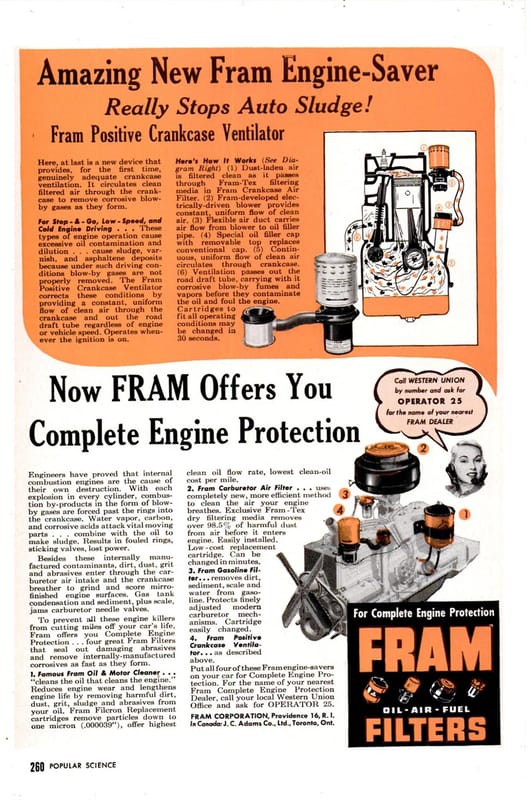 Science, Skullduggery, and Bad Faith: How the U.S. Auto Industry Adopted Positive Crankcase Ventilation -- Now At Ate Up With Motor 2 a Popular Science March 1950 v150n3 266 Fram Positive Crankcase Ventilation ad