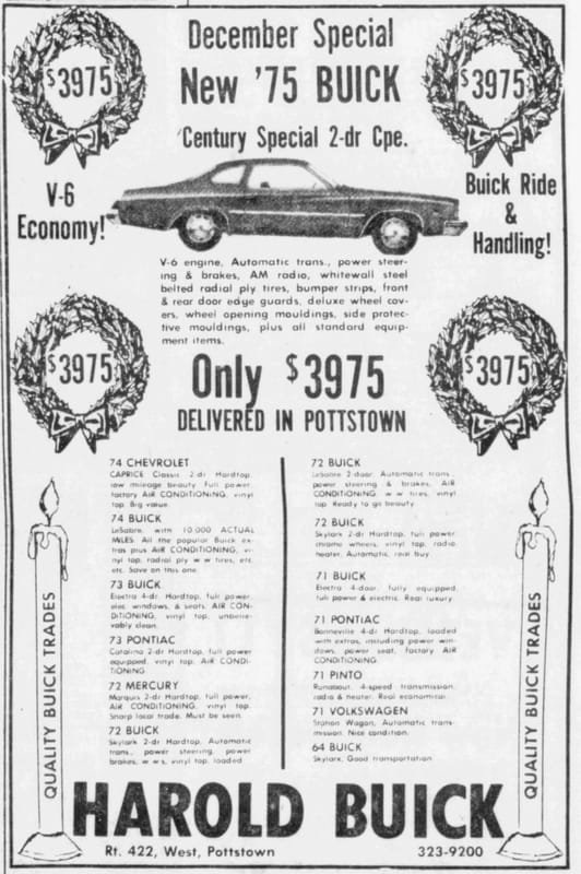 Newspaper ad from Harold Buick advertising a December Special on a new '75 Buick Century Special for $3975