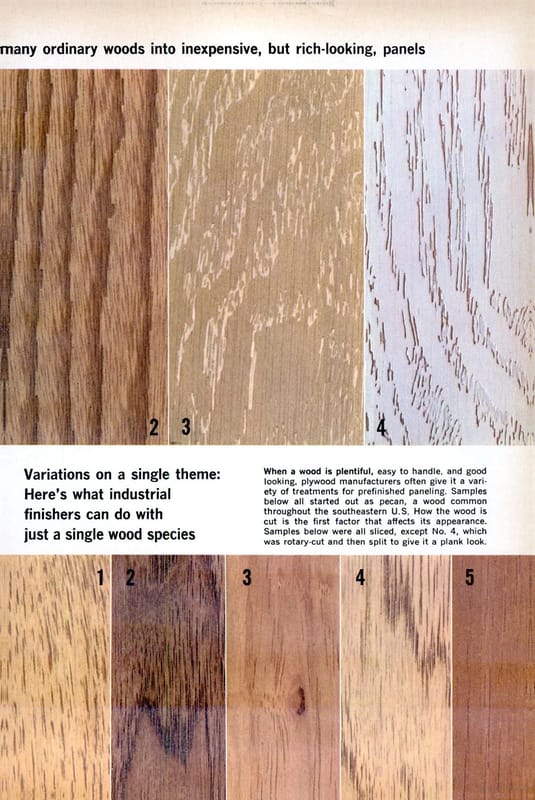 Magazine page with nine samples of plywood panels treated to look like different kinds of wood