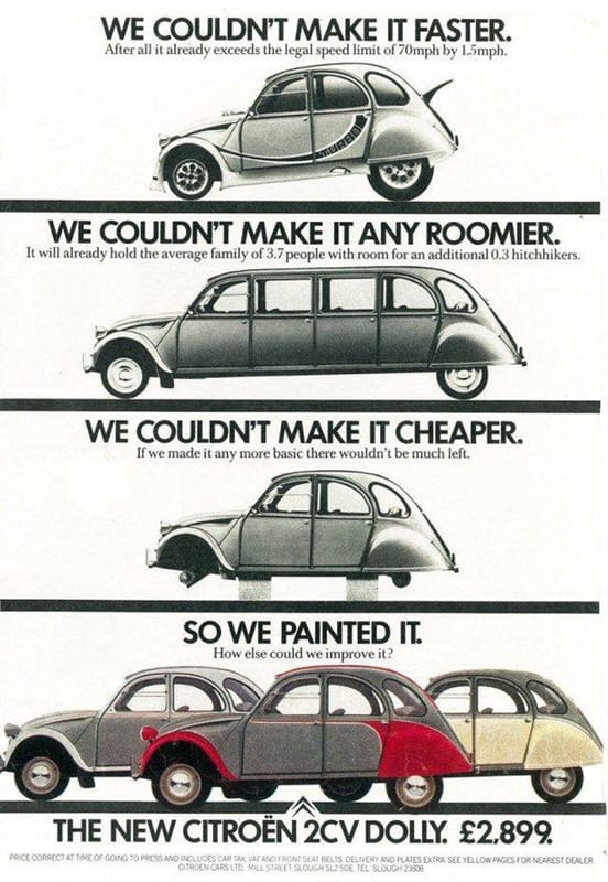 CC Twofer: 1982 Citroën 2CV 6 Charleston & 1976 Citroën 2CV AKS Fourgonnette – Fraternal Flat-Twins 13 2CV dolly UK ad