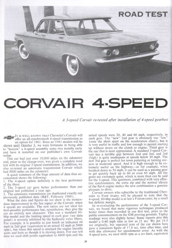 Vintage Reviews: 1960 Chevrolet Corvair - Motor Life and Road & Track Test Versions With Powerglide, 3-Speed and 4-Speed Manuals 12 Corvair Car Life 7