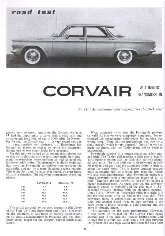 Vintage Reviews: 1960 Chevrolet Corvair - Motor Life and Road & Track Test Versions With Powerglide, 3-Speed and 4-Speed Manuals 10 Corvair Car Life 1