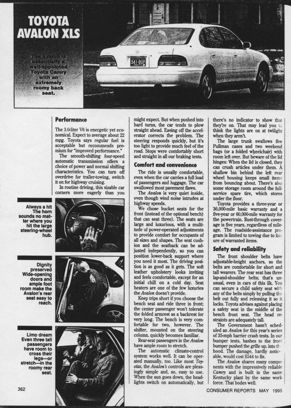 My 1995 Toyota Avalon: Toyota's First Full-Size Car Was Bigger, But Not TOO Big 5 1995 05 consumer reports 1