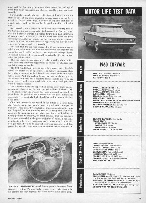 Vintage Reviews: 1960 Chevrolet Corvair - Motor Life and Road & Track Test Versions With Powerglide, 3-Speed and 4-Speed Manuals 3 corvair 2