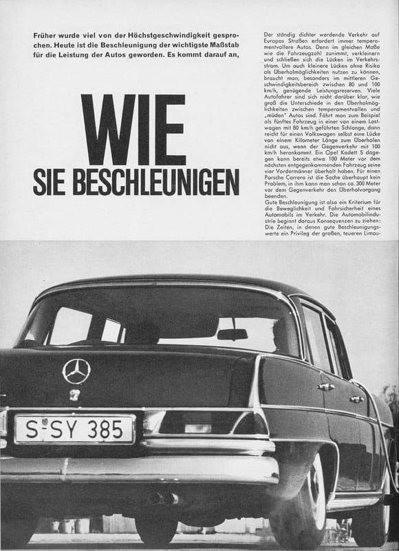Vintage AMS Review: How the 1964 German Cars Accelerate – Including the New Porsche 911 2 AMS 10/1964 p. 24, with headline "Wie sie beschleunigen" and a low-angle rear view of a Mercedes-Benz sedan with smoking rear tires. A cable for electrical test equipment emerges from the front passenger-side window.