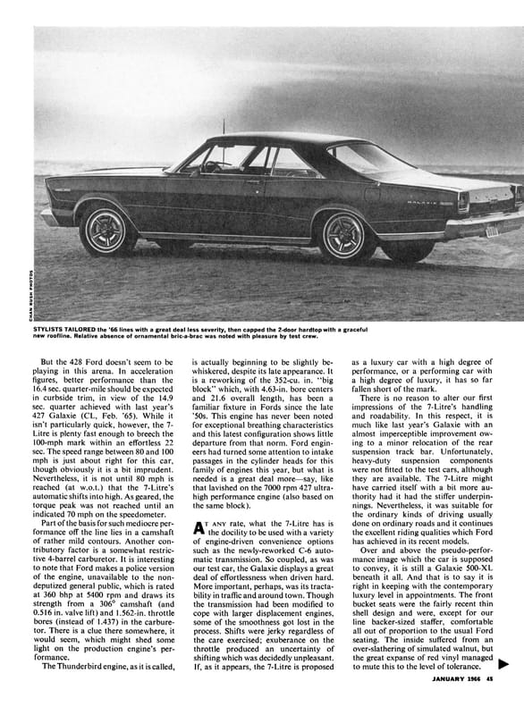 Car Life, January 1966, page 45, with B&W left/rear 3q photo of a Galaxie 7-Litre above the main text