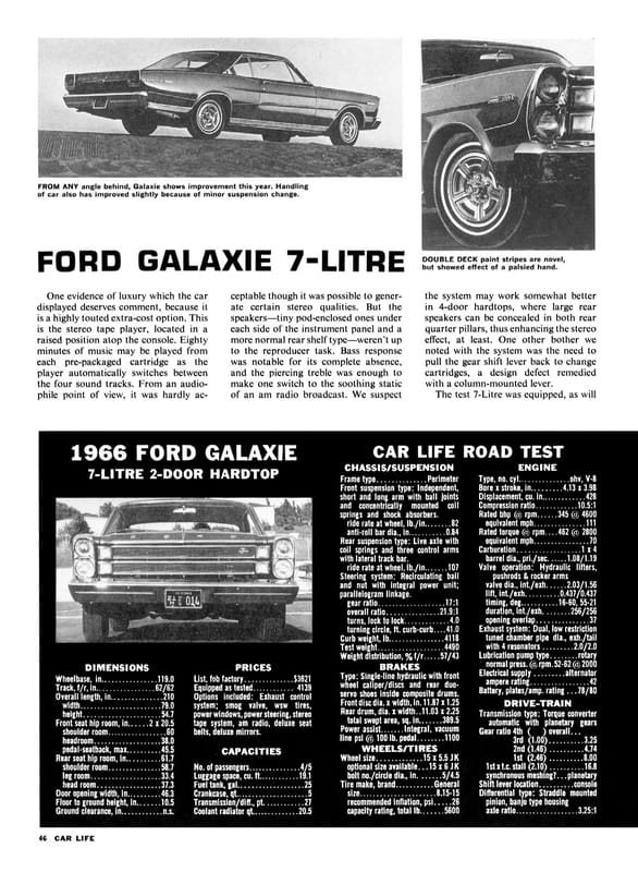 Car Life, January 1966, page 45, continuing the Galaxie 7-Litre road test, with right B&W right rear 3q and right front fender photos above the text and the first half of the data panel (with an inset front view of the car) below