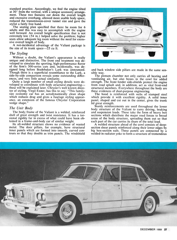 Vintage R&T Review: 1960 Valiant — A Technical Analysis Of Chrysler's New Compact 7 Road & Track, December 1959, page 27, with rear view and front three-quarter photos of the 1960 Valiant above and below the text, which has the subheadings "The Styling" and "The Unit Body"