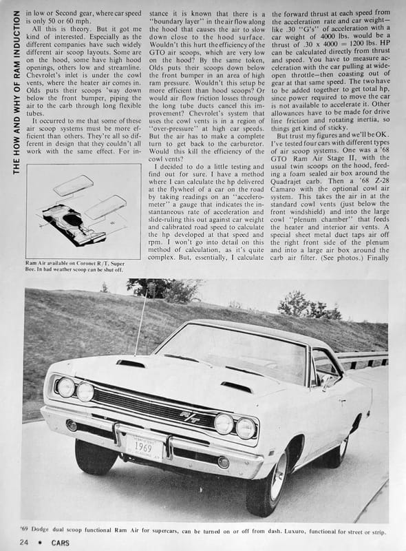 Pontiac Ram Air II, Oldsmobile Force-Air Induction, Chevrolet Cowl Induction – Did These Ram Induction Systems Actually Increase Power? 5 Hi-Performance Cars, December 1968, page 24, with a photo below the text of a 1969 Dodge Coronet R/T with ram air hood scoops and an inset illustration of the ram air system