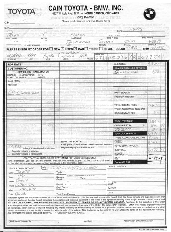 Bill of sale for 1994 Toyota Corolla DX Wagon.