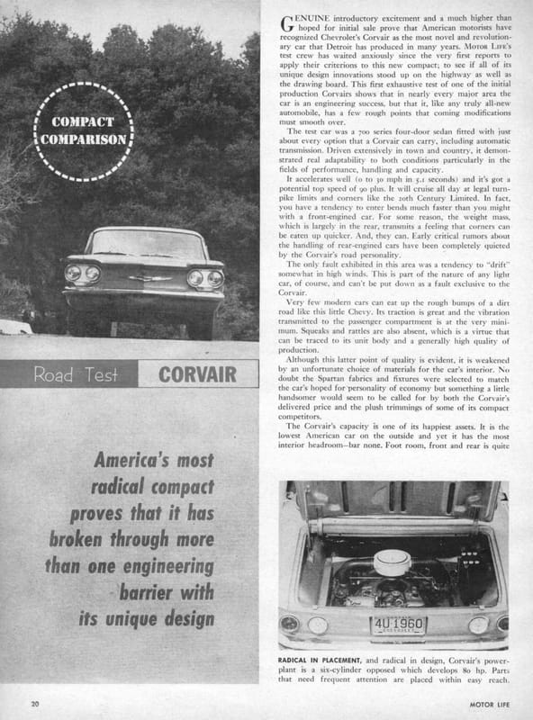 Vintage Reviews: 1960 Chevrolet Corvair - Motor Life and Road & Track Test Versions With Powerglide, 3-Speed and 4-Speed Manuals 2 corvair 1
