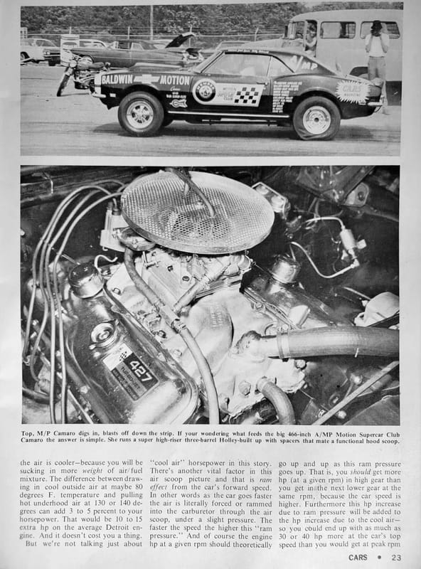 Pontiac Ram Air II, Oldsmobile Force-Air Induction, Chevrolet Cowl Induction – Did These Ram Induction Systems Actually Increase Power? 3 Hi-Performance Cars, December 1968, page 23, with photos above the text of a Motion Performance modified Camaro on the dragstrip and its modified 466 cu. in. version of the Chevrolet Turbo-Jet 427