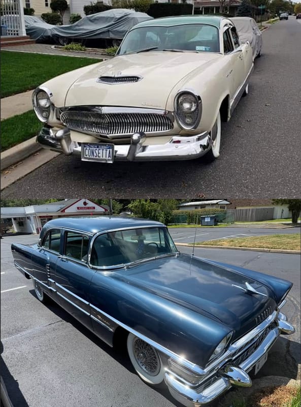 Photos of a white 1954 Kaiser Manhattan and a dark blue 1955 Packard Patrician