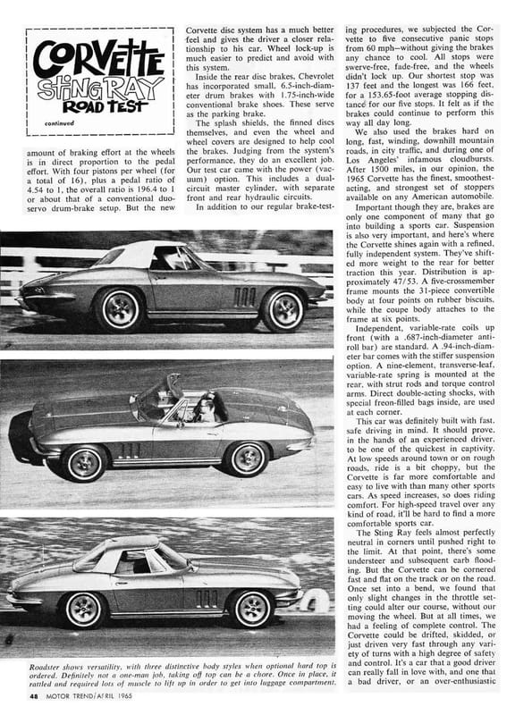 Vintage M/T Review: 1965 Chevrolet Corvette Sting Ray Convertible – A Walk On The Mild(er) Side 8 Motor Trend, April 1965, page 48, with the text "Corvette Sting Ray Road Test continued" at the top and three photos of a 1965 Corvette convertible, with soft top up, top down, and with fiberglass hardtop installed