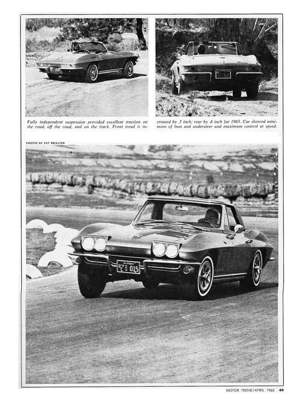 Vintage M/T Review: 1965 Chevrolet Corvette Sting Ray Convertible – A Walk On The Mild(er) Side 13 Motor Trend, April 1965, page 49, showing three photos of the 1965 Corvette cornering on a dirt road and on a racetrack