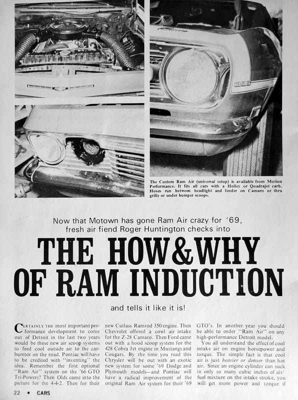Pontiac Ram Air II, Oldsmobile Force-Air Induction, Chevrolet Cowl Induction – Did These Ram Induction Systems Actually Increase Power? 2 Hi-Performance Cars, December 1968, page 22, first page of "The How & Why of Ram Induction" by Roger Huntington, with photos above the text of the aftermarket Motion Performance Custom Ram Air system