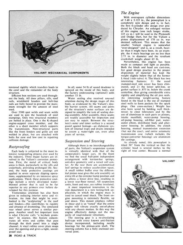 Vintage R&T Review: 1960 Valiant — A Technical Analysis Of Chrysler's New Compact 14 Road & Track, December 1959, page 28, with a ghosted illustration showing Valiant mechanical components and a cross-sectional illustration of the Slant Six engines above and below the main text, which has the subheadings "Rustproofing"; "Suspension and Steering"; and "The Engine"