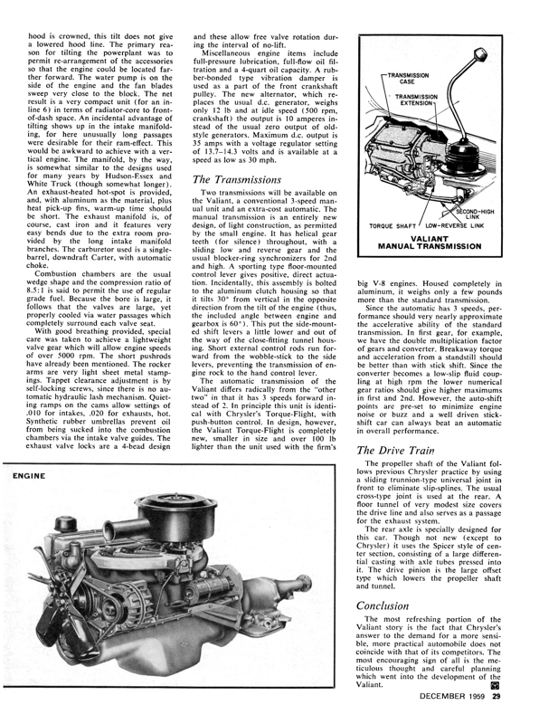 Vintage R&T Review: 1960 Valiant — A Technical Analysis Of Chrysler's New Compact 19 Road & Track, December 1959, page 29, with illustrations of the Valiant manual transmission and complete Slant Six engine above and below the main text, which has subheadings "The Transmissions"; "The Drive Train"; and "Conclusion"