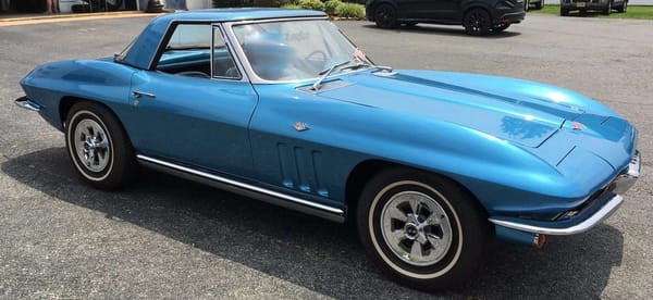 Vintage M/T Review: 1965 Chevrolet Corvette Sting Ray Convertible – A Walk On The Mild(er) Side 4 Front 3q view of a Nassau Blue 1965 Chevrolet Corvette Sting Ray convertible with the detachable hardtop in place