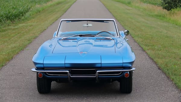 Vintage M/T Review: 1965 Chevrolet Corvette Sting Ray Convertible – A Walk On The Mild(er) Side 17 Front view of a Nassau Blue 1965 Chevrolet Corvette Sting Ray convertible with the top down
