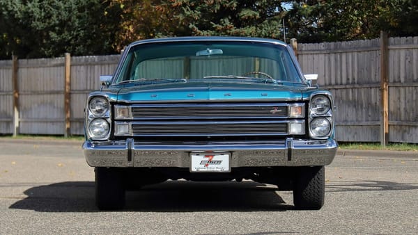 Front view of a metallic aqua 1966 Ford Galaxie 7-Litre