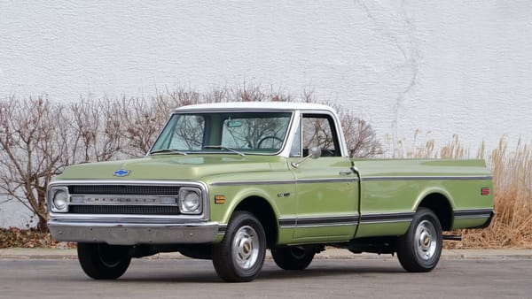 Two Dozen Green Cars And Trucks To Mark The Start of Spring 20 Front 3q view of a Medium Olive Green 1970 Chevrolet C10 pickup truck with a white roof