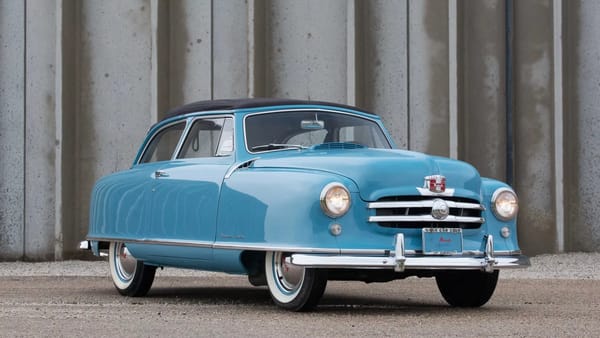 1950 Nash Rambler Custom Station Wagon – The Original Luxury Compact Turns 75 3 Right front 3q view of a blue 1950 Nash Rambler convertible with the top up