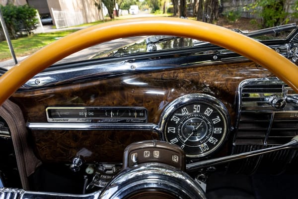 Early Hydra-Matic Users: Many Non-GM Automakers Bought This Pioneering Automatic Transmission 8 Dashboard and Hydra-Matic shift quadrant of a 1941 Cadillac Sixty Special sedan, viewed through the steering wheel rim