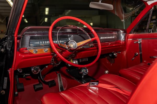 Vintage Car Life Review: 1965 Pontiac Catalina 2+2 421 HO – 2 Plus 2 Does Not Equal GTO 3 Dashboard of a 1964 Pontiac Catalina 2+2 with red interior and 4-speed